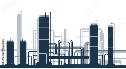 Industrial Complex Silhouette, Refinery Plant, Petrochemical Facility, Chemical Industry