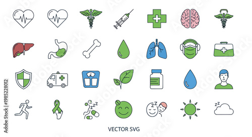 Medical Health Icons Set: Heart, Brain, Lungs, Liver, Stomach, Syringe, Caduceus, Cross