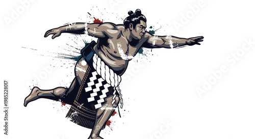Sumo wrestler in dynamic pose with paint splashes, white background