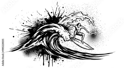 Surfer Riding Large Wave with Ink Splatter Effect