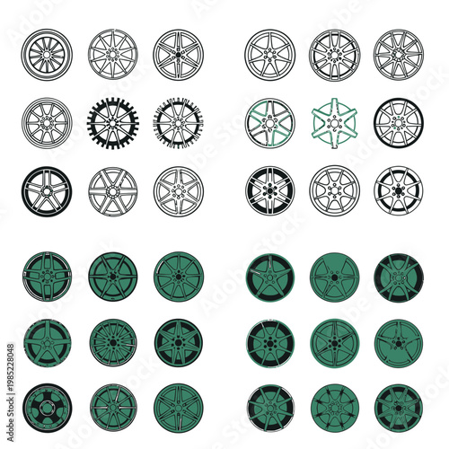 Set of car wheel rims and manhole covers, vector illustrations