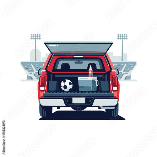 A minimalist North American pickup truck with an open tailgate showing a soccer ball and a cooler in a stadium parking lot, bright sunny lighting, palette of red, blue, grey, and white,