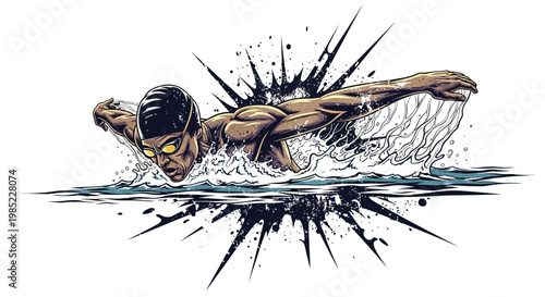 Swimmer performing butterfly stroke, dynamic water splash, athletic focus