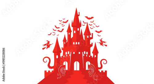 Spooky Red Castle Silhouette with Bats and Witches