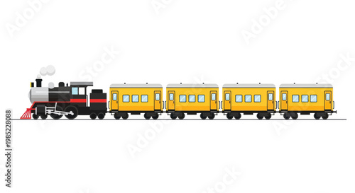 Vintage Steam Train with Yellow Passenger Cars on White Background