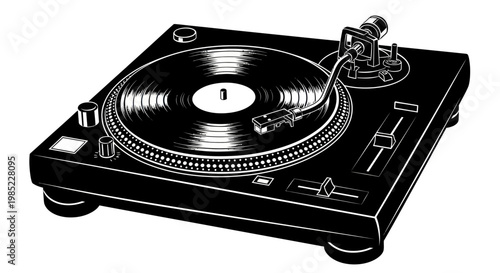 Vintage Turntable with Vinyl Record Playing Music - Black and White Graphic
