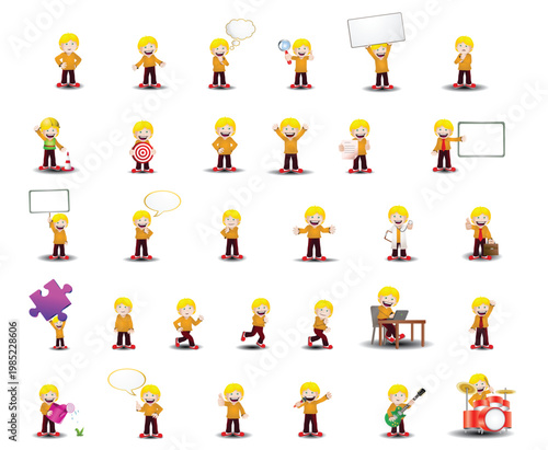 illustration of a Caucasian boy daily activity set on isolated white background