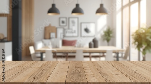 Light brown wooden table top with blurred modern dining room background