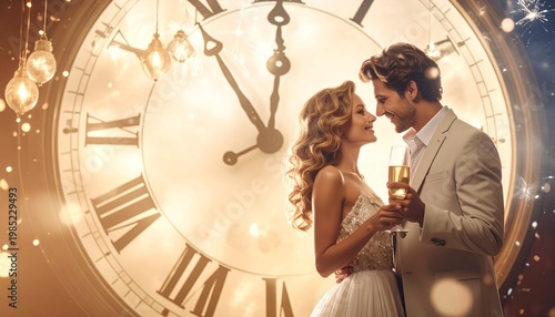 Romantic couple toasting champagne in front of a large clock, celebrating a New Year's Eve or special occasion with a festive, celebratory atmosphere and bokeh lights
