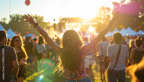 Vibrant outdoor summer music festival at golden hour, capturing the electrifying energy of a jubilant crowd and a woman embracing pure joy with arms outstretched