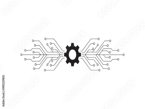 Intricate circuit board design a central gear surrounded by complex electronic pathways