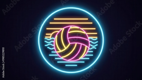 Vibrant neon volleyball illustration glowing with a retro wave sunset and ocean graphic design a