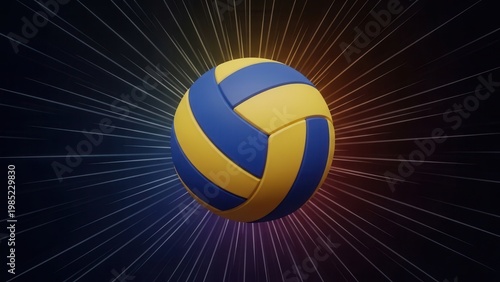 Energetic volleyball design featuring dynamic blue and yellow panels amidst a burst of radiant