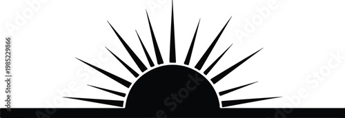 Black and white silhouette of a rising sun on a flat horizon.