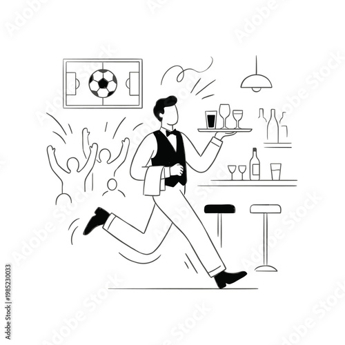 Waiter rushing with drinks during soccer match viewing