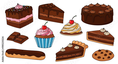 Delicious Chocolate Desserts Collection: Cakes, Cupcakes, Eclair, Pie, Cookie, Pastries