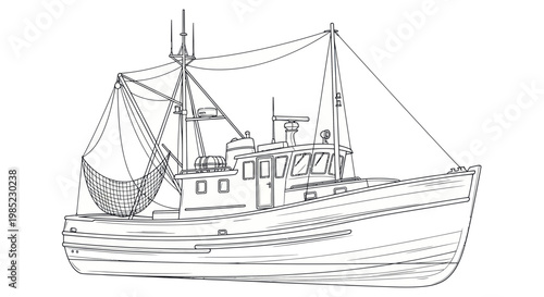 Fishing Boat Sketch - Commercial Vessel with Nets and Mast on White Background