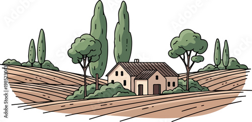 Illustration of a peaceful rural farmhouse in a landscape with cypress trees and fields.