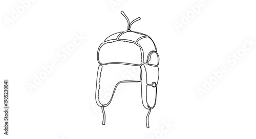 Sketch of a Ushanka hat, winter ear flap cap, outline drawing, isolated on white background