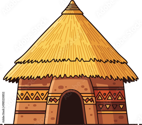 Traditional African Hut Illustration with Thatch Roof.