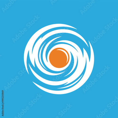 Minimalist stylized white hurricane swirl with orange eye on blue background.