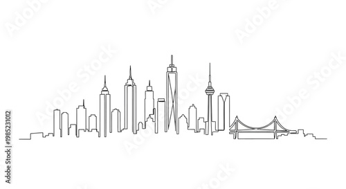 Minimalist Cityscape Outline Drawing: Modern Skyscrapers and Bridge on White Background