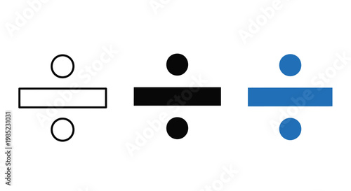 Three distinct vector division symbols graphic illustration, presented in outline, solid black, and vibrant blue, ideal for mathematical concept design and educational resources.