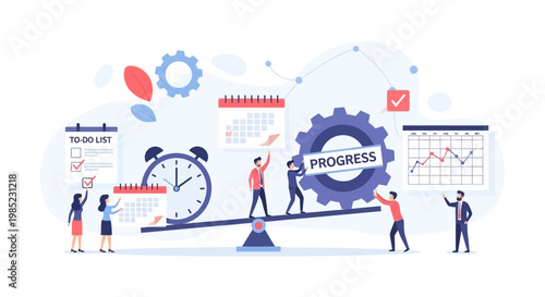 People balancing time and progress on a seesaw.