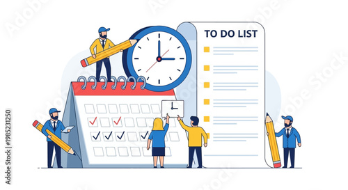 People managing time with calendar, clock, and to-do list.