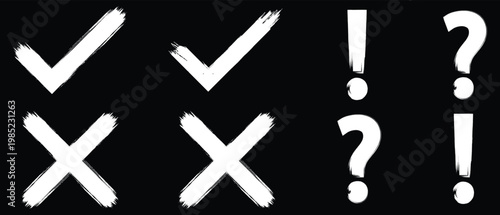 Grunge crayons Hand drawn checkmark and cross Icon set. Hand Drawn Check Mark, Cross, Question and Exclamation Icons Set in Circle and Square Styles. Vector Illustration.
