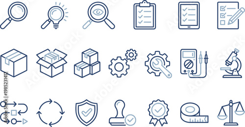 Various business and quality control icons for workflow, management, and analysis