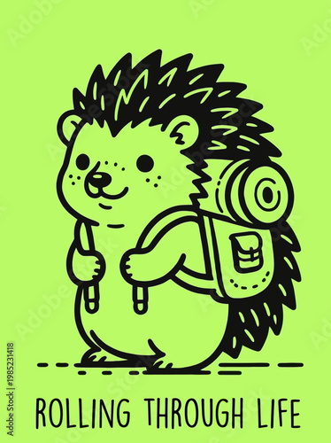 Hedgehog with backpack and hiking stick.