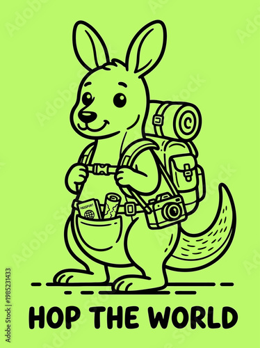Kangaroo with backpack and camera gear.