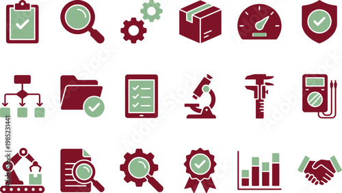 Business process management and productivity icons in red and green colors