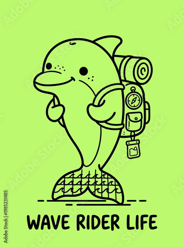 Smiling dolphin with surfboard and watch.