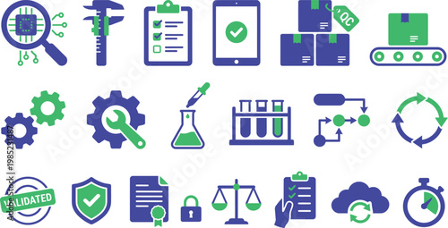 Quality control and assurance icons for business, industry, and technology applications