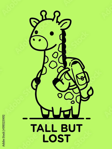 Smiling giraffe with school backpack on.