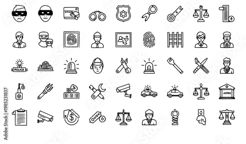 Law Enforcement and Crime Outline Icon Set 50 Icons Editable Stroke Vector Collection