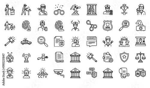 Crime Investigation and Justice 50 Line Icons Set Editable Stroke Vector Illustration