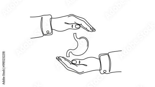 Minimalist continuous line art illustrating two hands protecting a stomach organ, symbolizing digestive health, care, and medical support for gastrointestinal wellness