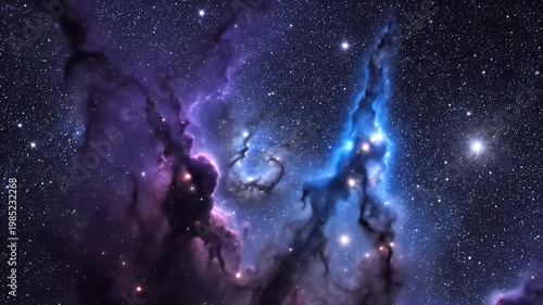 Vibrant Blue and Purple Nebula Cloud Illuminated by Distant Starlight Among Gas and Dust