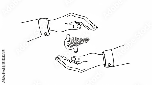 World Pancreatic Cancer Day Conceptual illustration of human hands carefully holding and protecting a pancreas symbol, symbolizing health and medical care