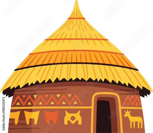 Traditional African Round Hut with Conical Thatched Roof and Tribal Wall Patterns.