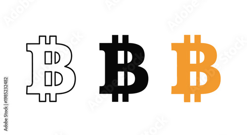 Three different vector graphic styles of bitcoin currency symbols presented as a clean set for financial digital design projects requiring modern cryptocurrency branding and icons