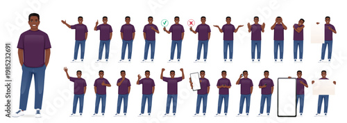 Set of young African American man student showing various poses and gestures for different communication scenarios. Vector illustration isolated character