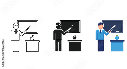 A friendly teacher vector illustration showing a dedicated educator presenting lessons in a classroom with a pointer and chalkboard, symbolizing learning and knowledge development.