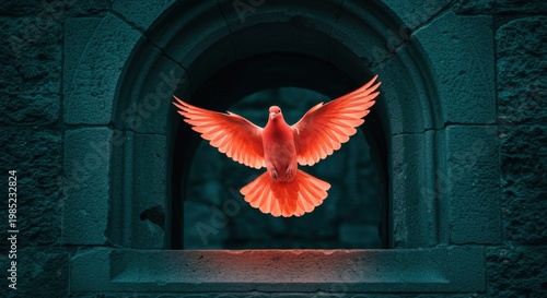 Coral pink dove flying through a dark teal stone archway for theological publication and inspirational cover art with a majestic dramatic mood and detailed feathers