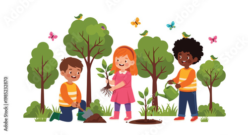 Three children are happily working together to plant young trees and water them in a lush green garden filled with birds and butterflies.
