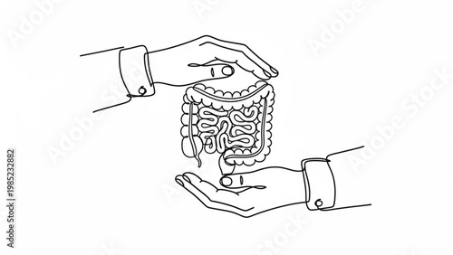 World Digestive Health Day Illustration of a doctor's hands gently cradling a human digestive system, symbolizing care and health