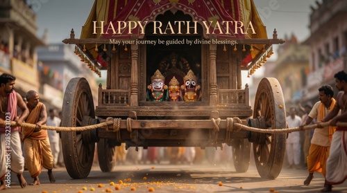 Massive wooden chariot pulled by devotees during the Rath Yatra festival in India with deities visible inside and floral decorations on a street setting